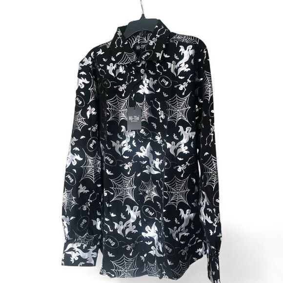 Men's Small Halloween Button Front Shirt Black with Silver Metallic Ghosts Webs - Picture 2 of 4